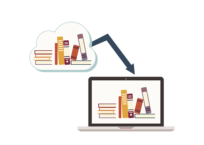 Graphic of downloading books from laptop to cloud.