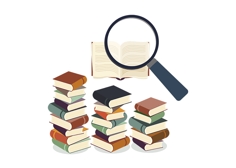 Graphic of magnify glass over books.